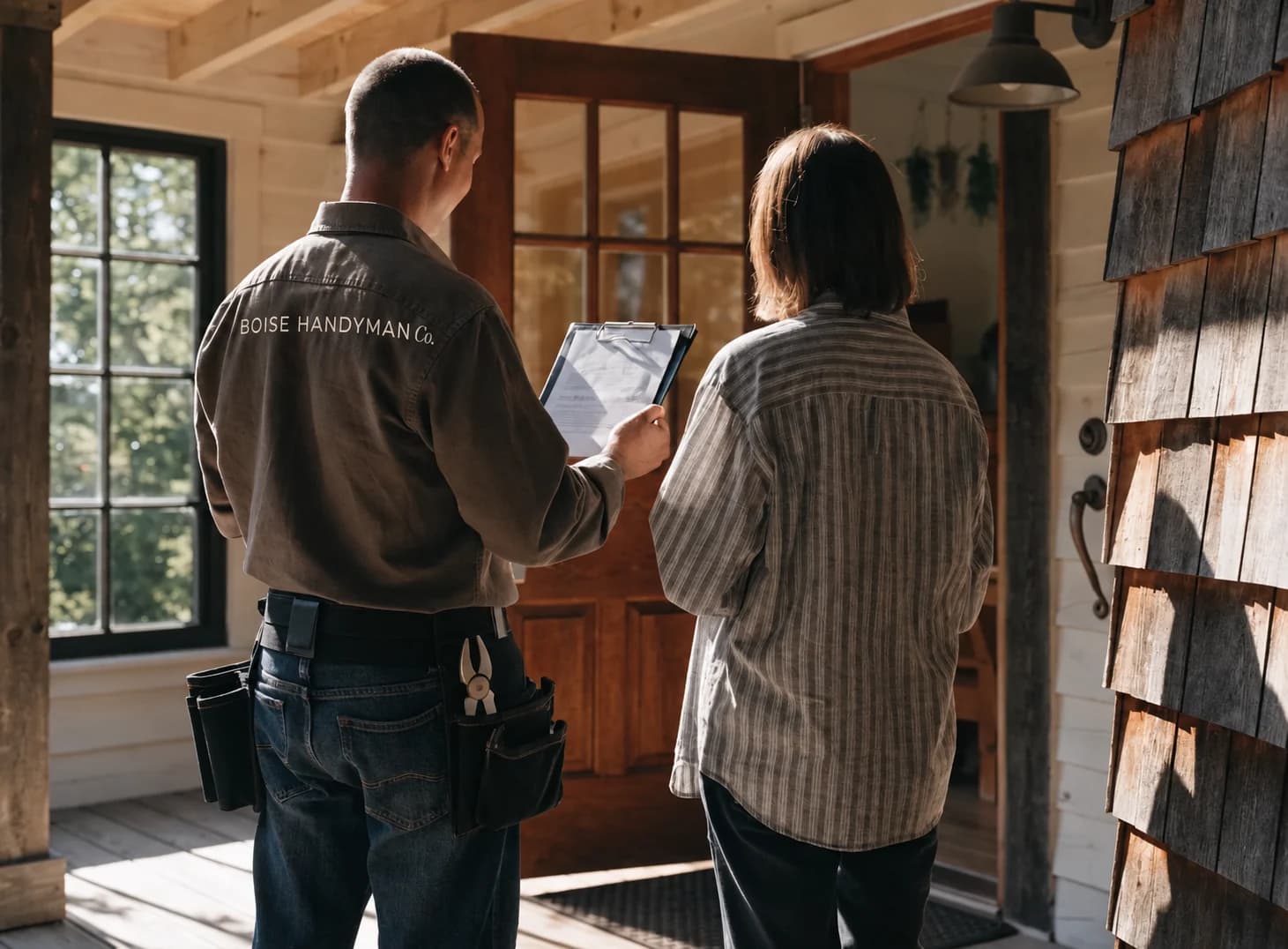 A Boise Handyman Co worker reviewing a repair list with a homeowner