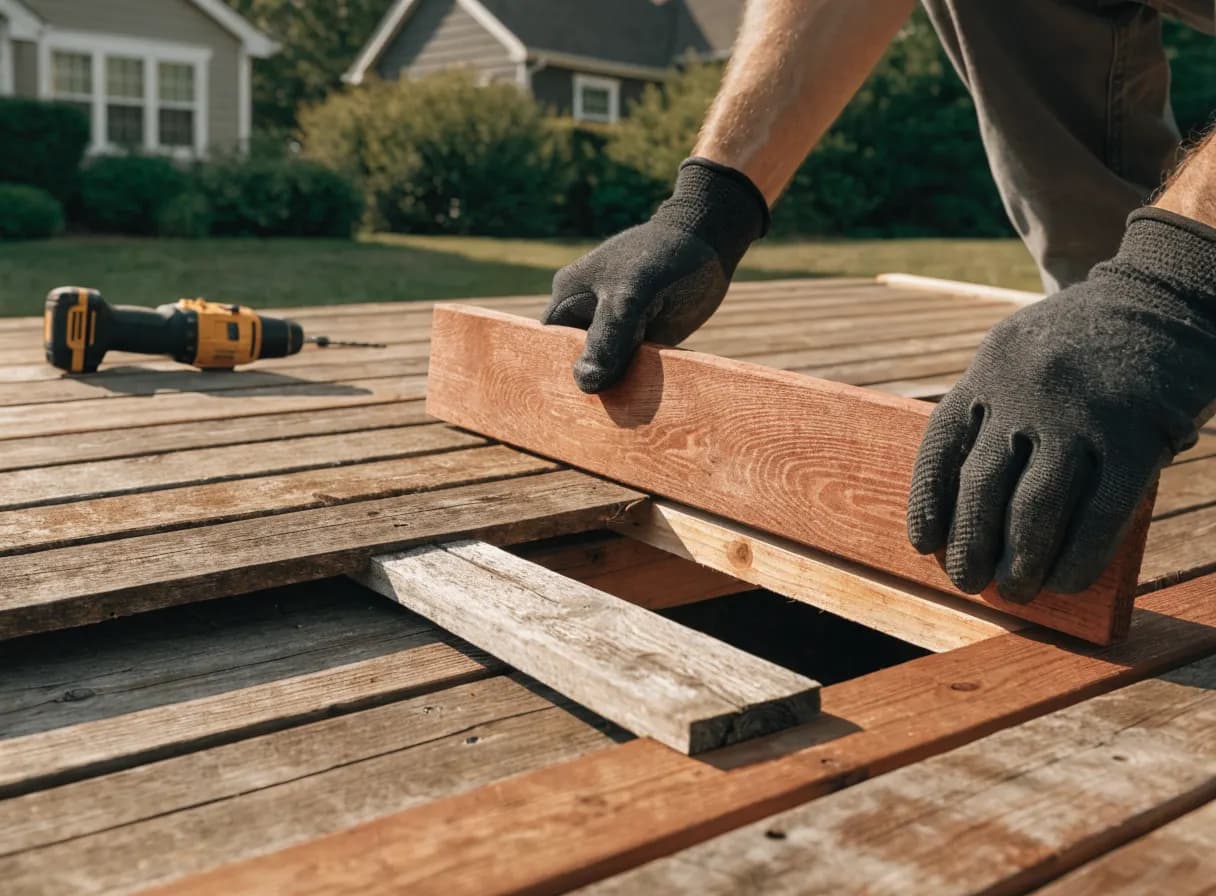 Gloved hands replacing a weathered deck board with a new cedar board on a backyard deck