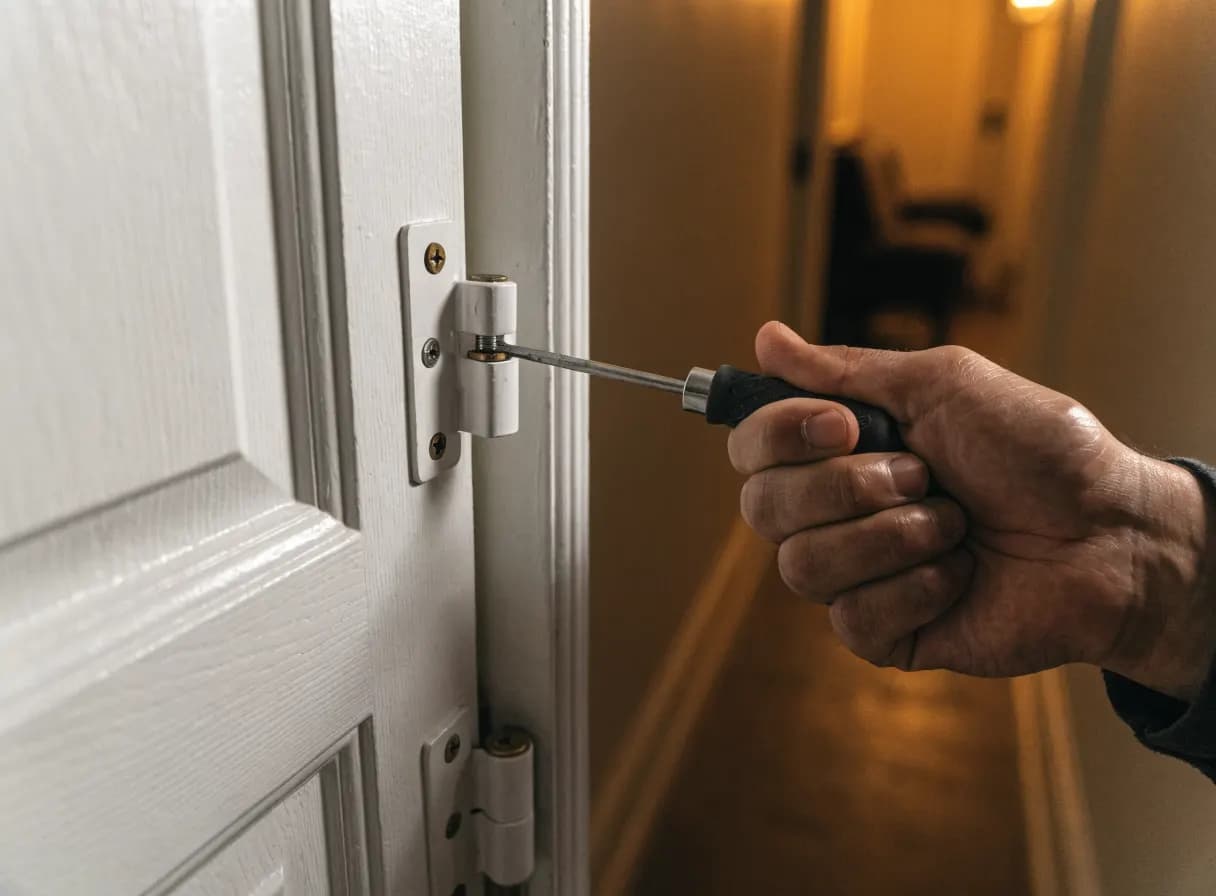 Hand tightening the hinge screws of a white interior door with a screwdriver