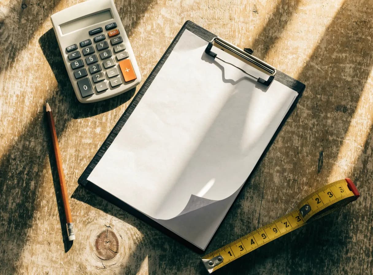 Clipboard with estimate paper, calculator, pencil, and tape measure arranged on a wood kitchen table