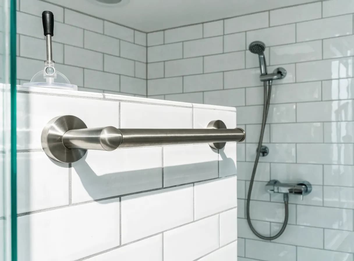 Brushed nickel safety grab bar freshly installed on white subway tile in a walk-in shower