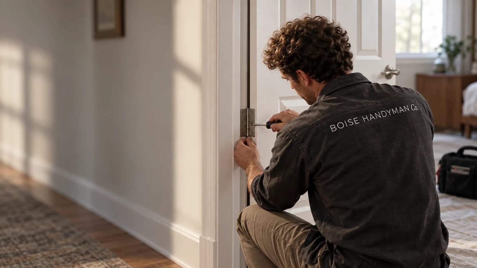 A handyman wearing Boise Handyman Co workwear adjusting an interior door hinge