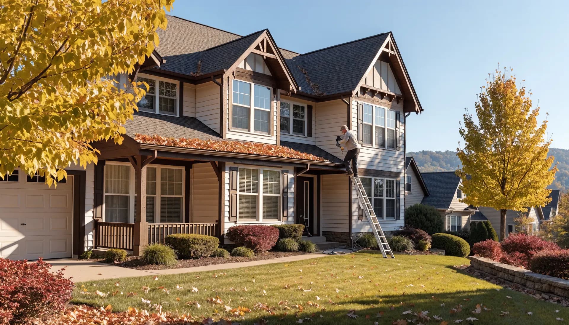 Worker on a ladder clearing autumn leaves from the rain gutter of a single-story suburban Boise home