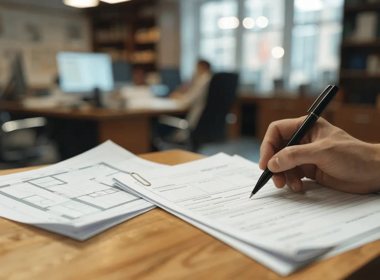 Permit paperwork and folded residential drawings on a municipal counter with a hand holding a pen