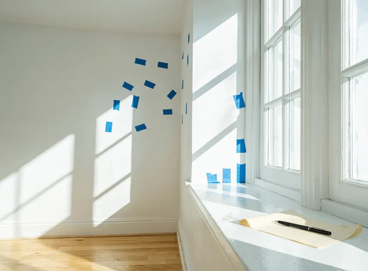 Blue painter's tape markers on a wall and window trim marking touch-up spots, notepad on the windowsill