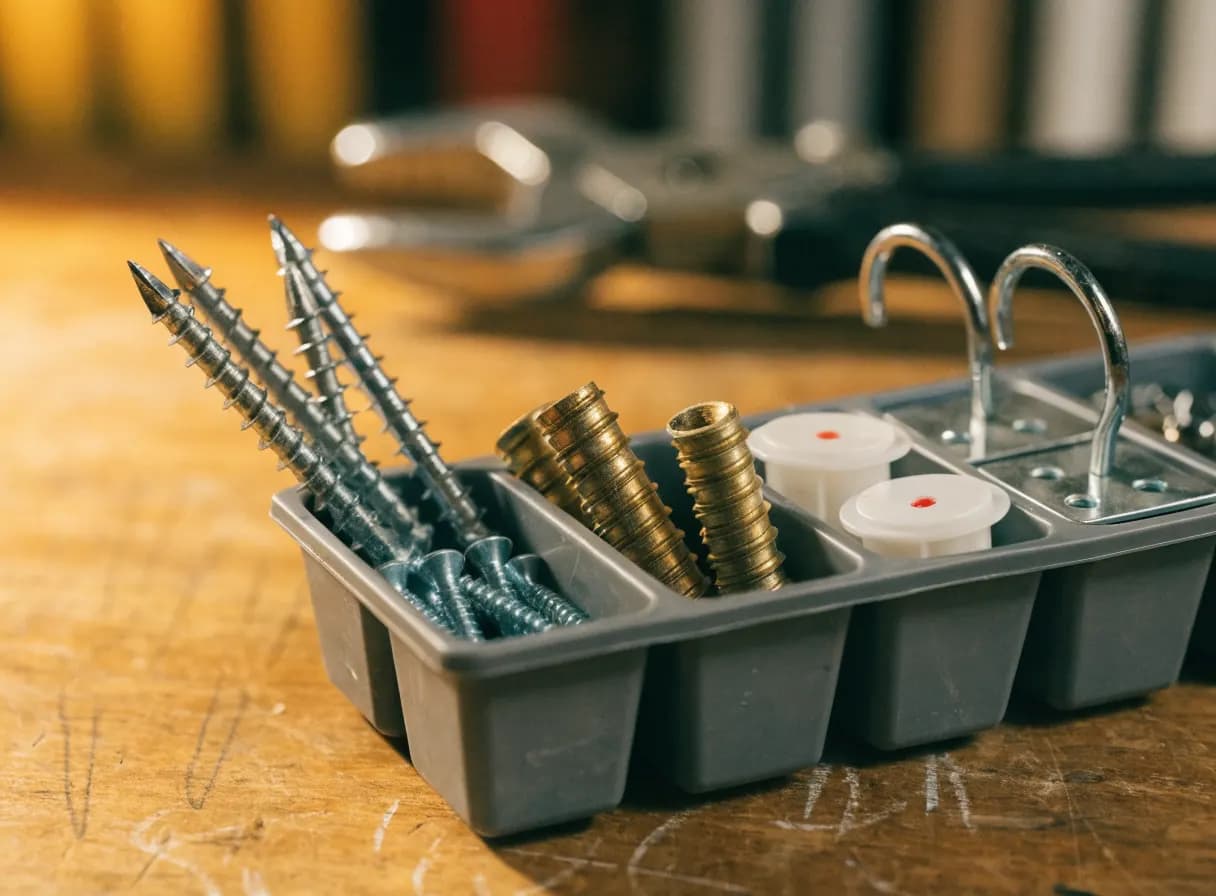 Assorted screws, wall anchors, and picture hangers organized in a small parts tray on a workbench