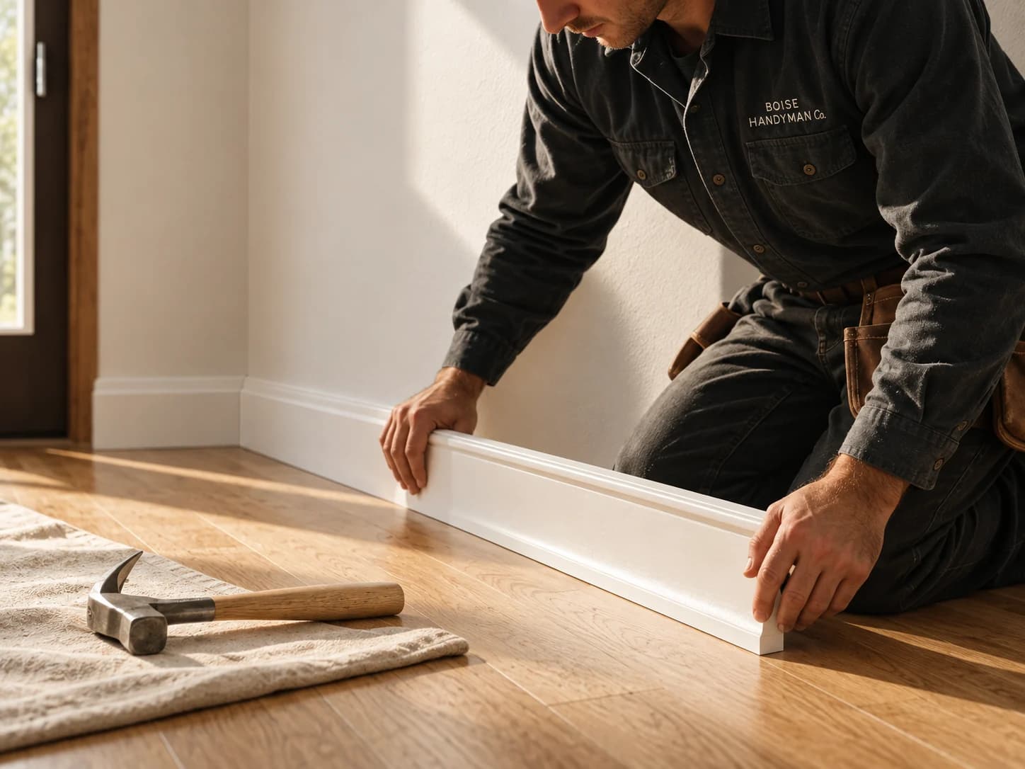 A Boise Handyman Co worker fitting white baseboard trim