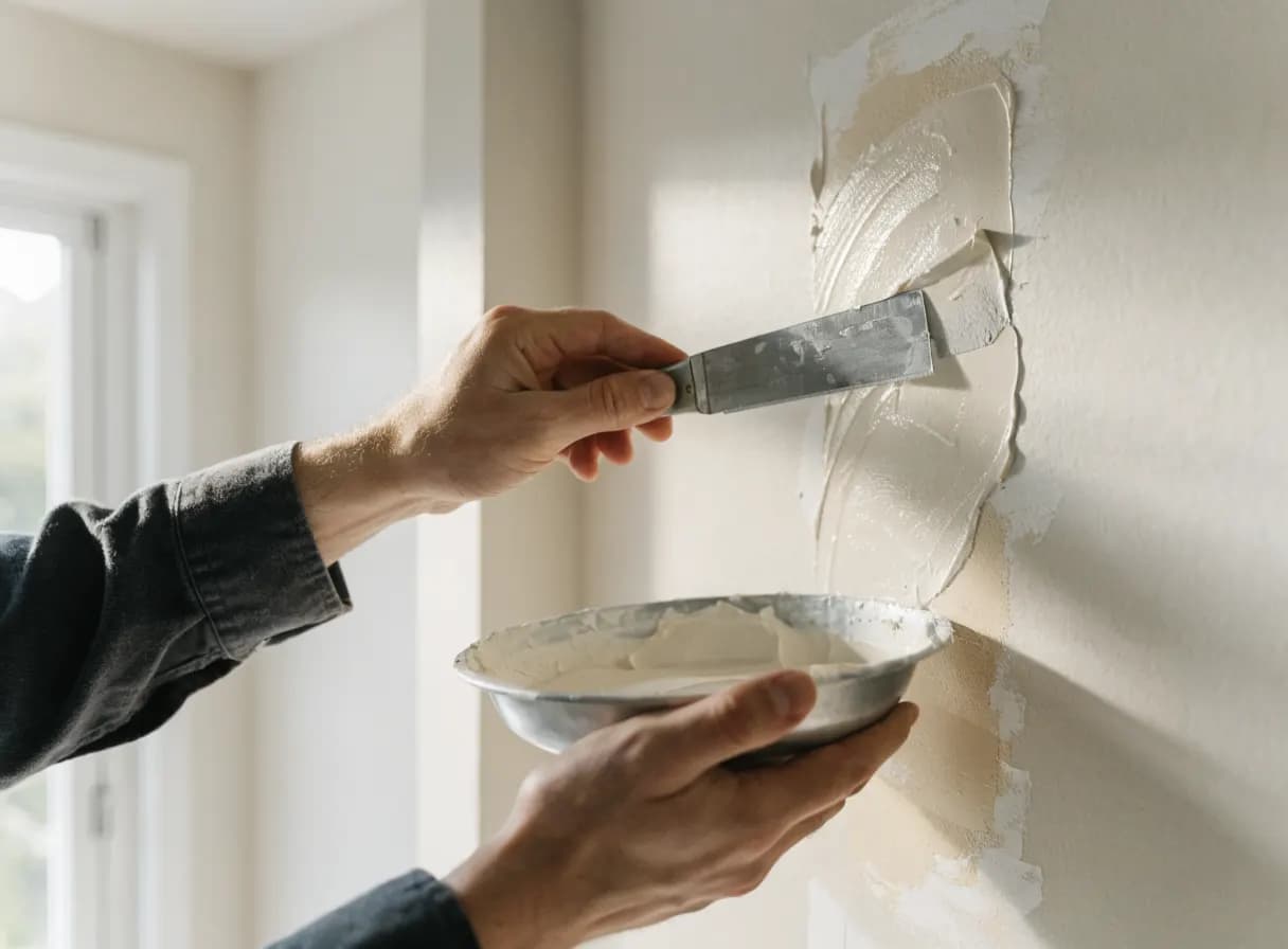Hands spreading joint compound over a drywall patch with a taping knife in a bright room