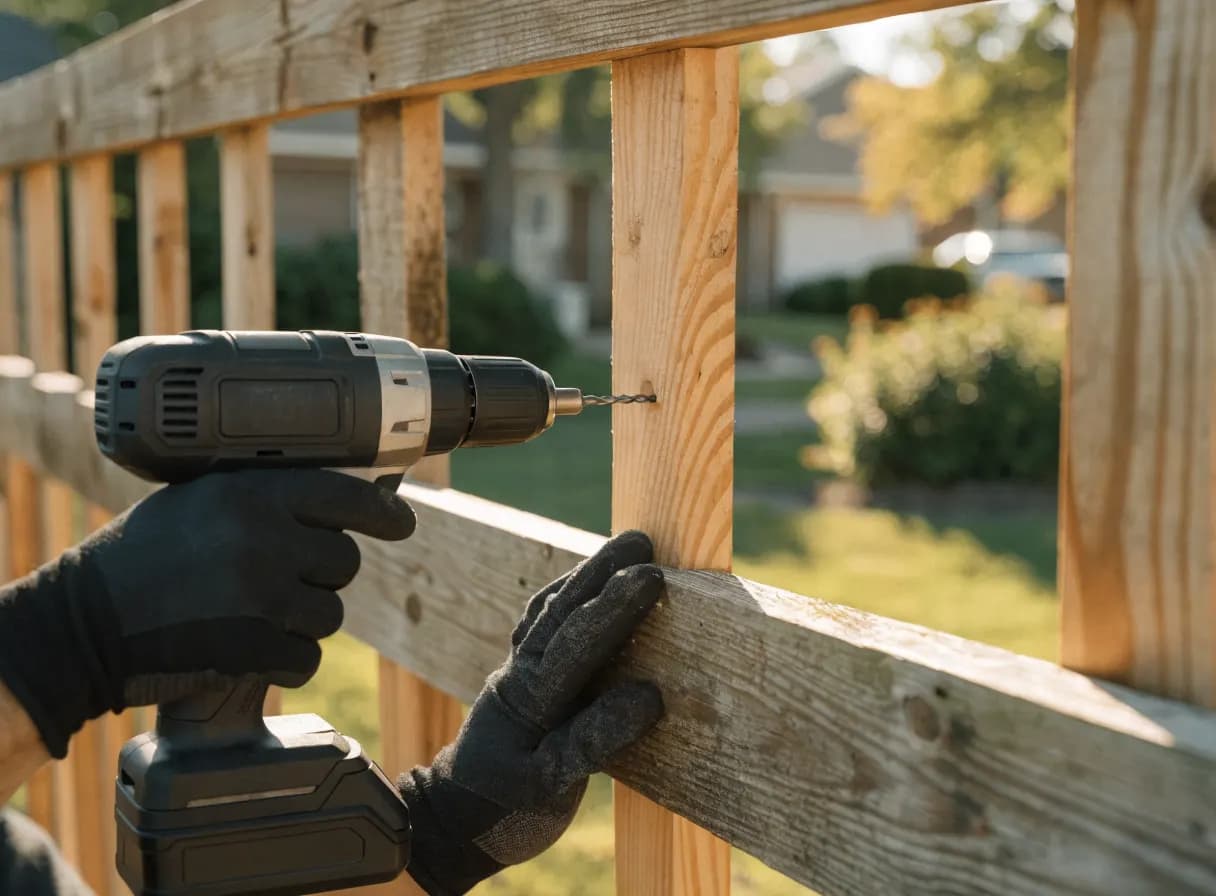 Gloved hands screwing a new cedar picket onto a backyard fence rail with a cordless drill