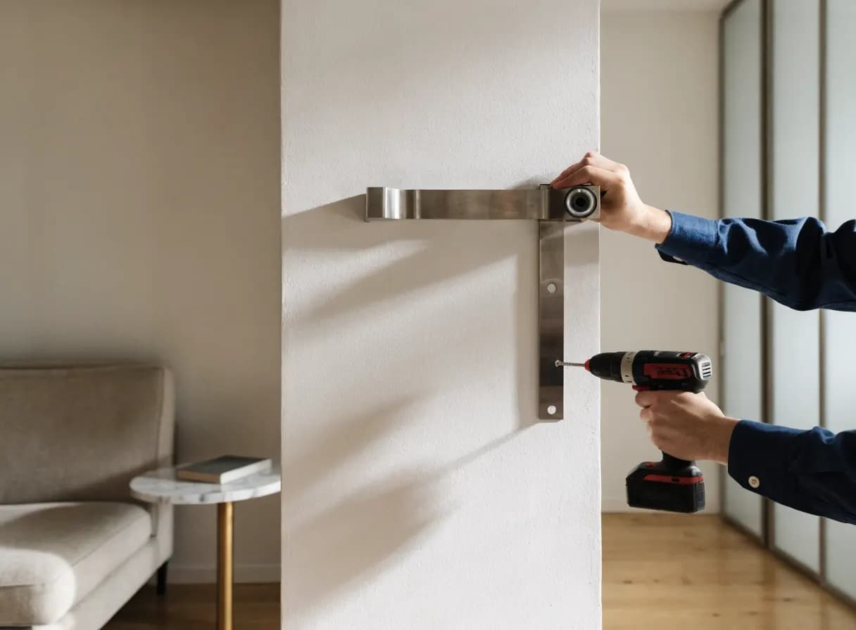 Handyman holding a bubble level and drill while installing a TV wall-mount bracket in a living room
