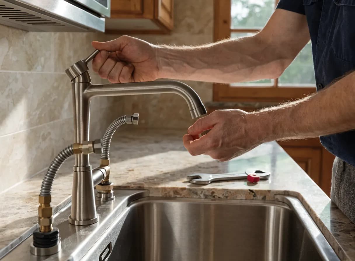 Hands installing a new brushed-nickel kitchen faucet with supply lines and a wrench at a farmhouse sink