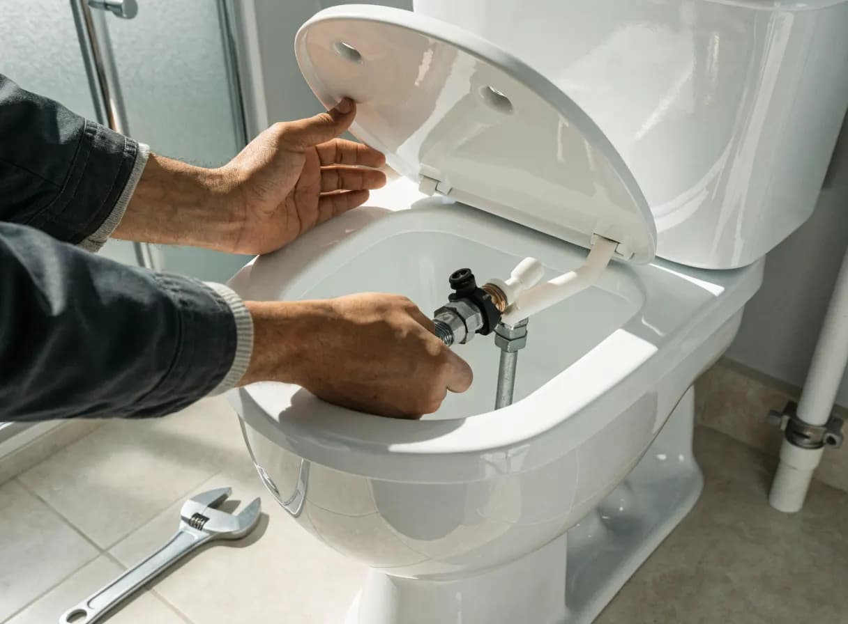 Plumber lifting the porcelain lid off a toilet tank to service the fill valve in a clean bathroom