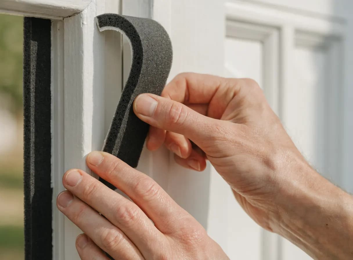 Hands applying self-adhesive foam weatherstripping to a white exterior door frame to seal drafts