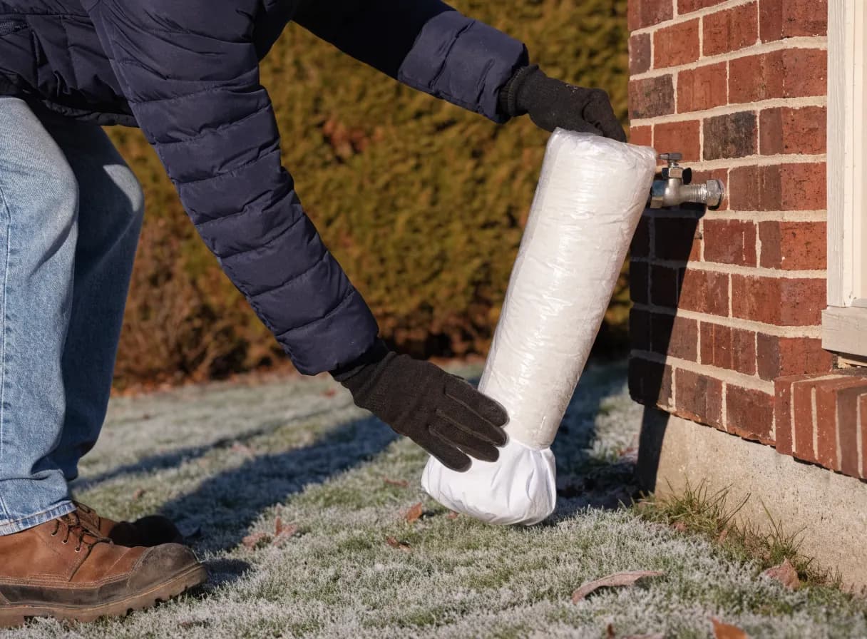 Insulated faucet cover being fitted over an outdoor hose spigot with frost on the grass